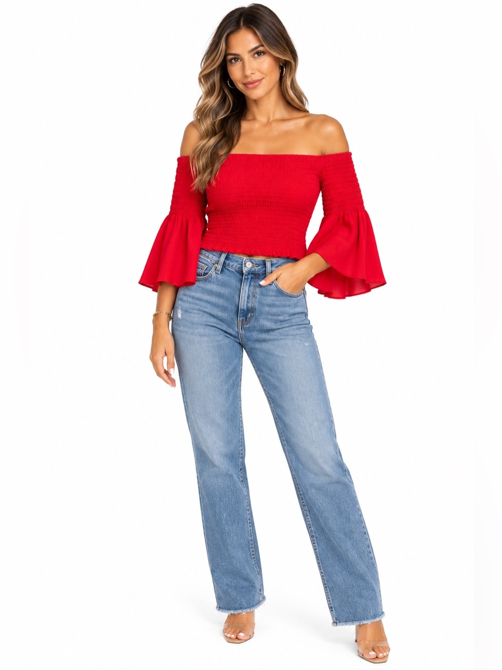 Express Red Off Shoulder Smocked Bell Sleeve Top Size M